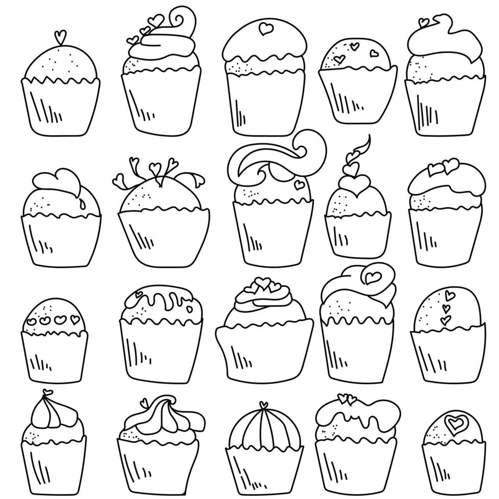uppsättning doodle cupcakes med hjärtan dekor, kontur cupcake för alla hjärtans dag, målarbok med söta bakverk vektor