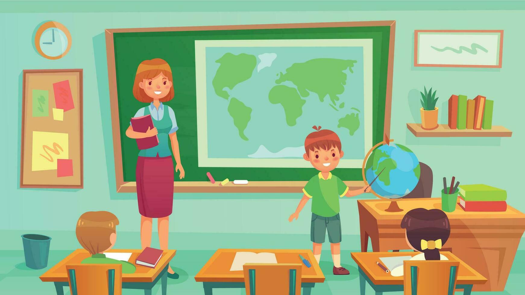 geografi klass, lärare och elever i rum. skol som visar Land på klot. kvinna undervisning geografi lektion vektor