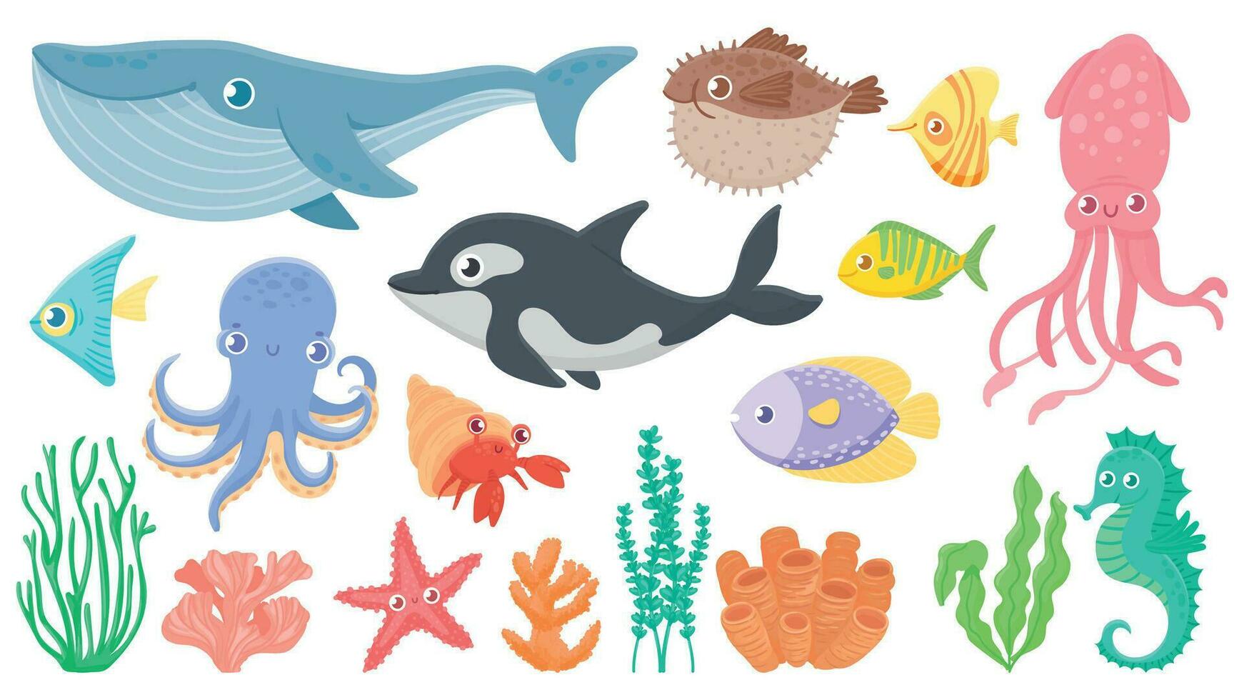 tecknad serie hav djur. rolig blå val, söt igelkott fisk och späckhuggare. bläckfisk, bläckfisk och sjöhäst. under vattnet hav liv vektor illustration uppsättning