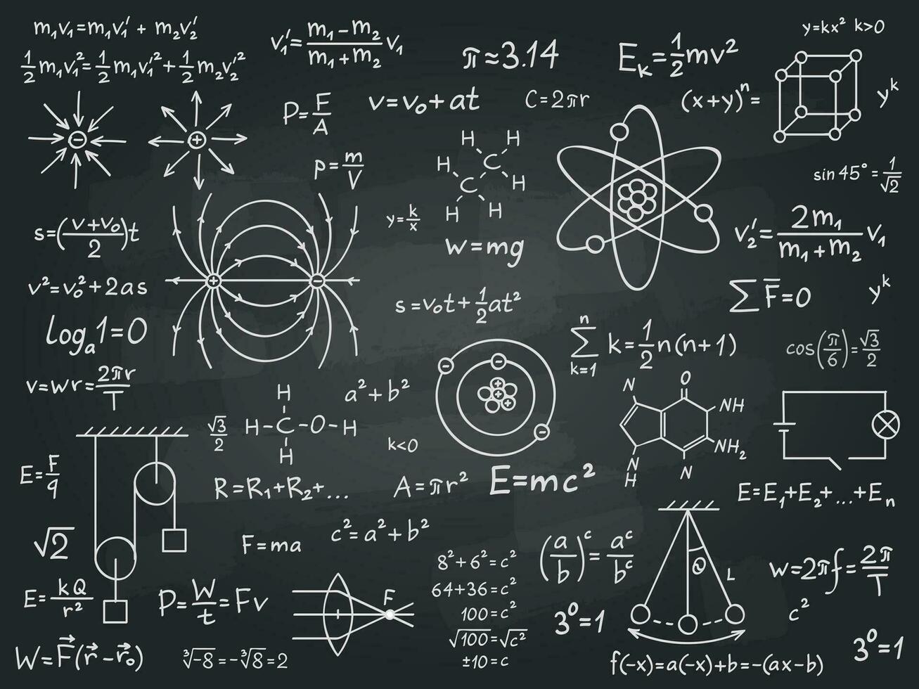 vetenskaplig formler. matematik och fysik kalkyl på klass svarta tavlan. algebra och fysisk vetenskap handskriven vektor utbildning begrepp