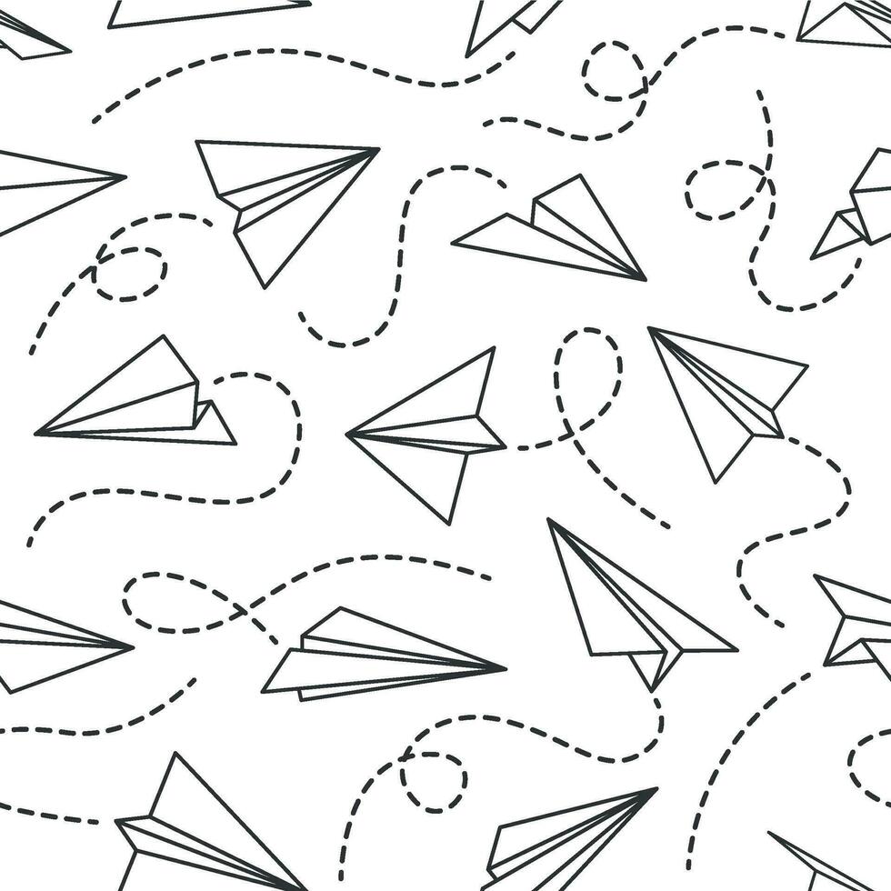 linje papper flygplan sömlös mönster. flygande plan från annorlunda riktning med prickad linje spår, svart teckning tapet vektor textur