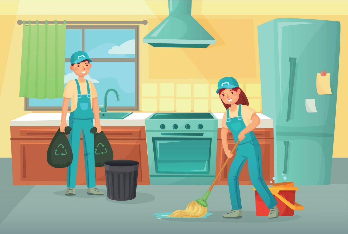 professionell rengöring arbetare rengöring kök. service hushåll vektor