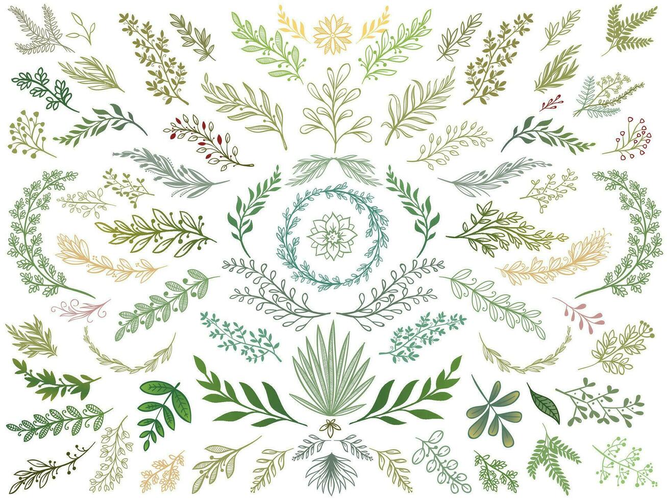 Dekor Blätter. Hand gezeichnet Grün Geäst, Natur Grün Pflanzen Blatt und dekorativ skizzieren Blätter isoliert Vektor Illustration einstellen