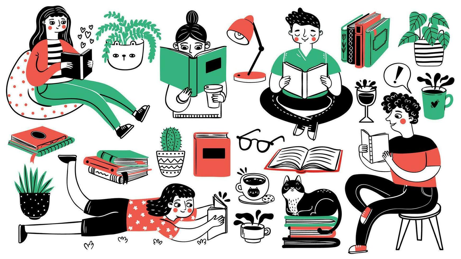 böcker och läsare. Lycklig människor läsa och studie. bok högar, krukväxter, katt, te och kaffe kopp. hand dragen tecknad serie hobby dekorativ uppsättning vektor