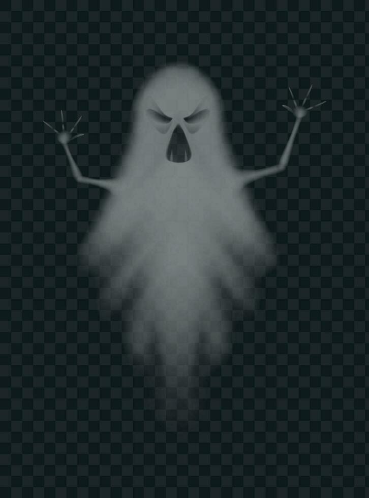 ondska spöke skrämma med skrämmande ansikte. halloween monster silhuett. flygande ondska Spöke eller anda figur vektor