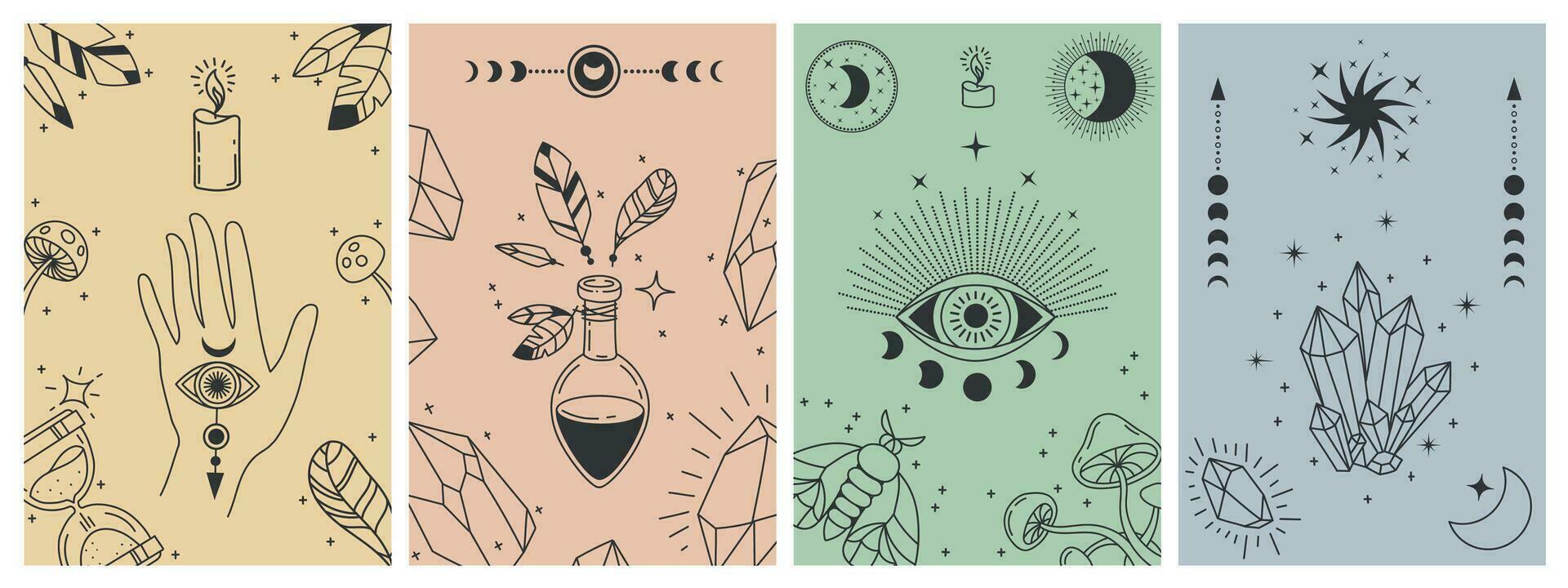 mystisk boho affischer. esoterisk linje grafik med astrologi symboler, kristaller, trolldryck, ondska öga och ockult hand. tarot kort vektor begrepp