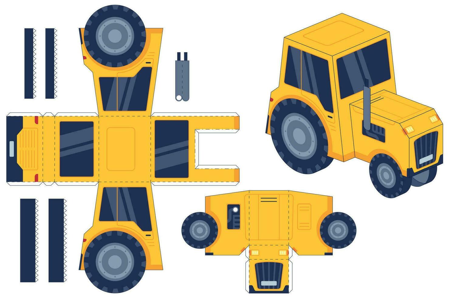 Traktor Papier Schnitt Spielzeug. Bauernhof landwirtschaftlich Maschine. Papier, kleben Kinder Aktivität Spiel Arbeitsblatt. Traktor 3d druckbar Modell- handgemacht Vektor einstellen