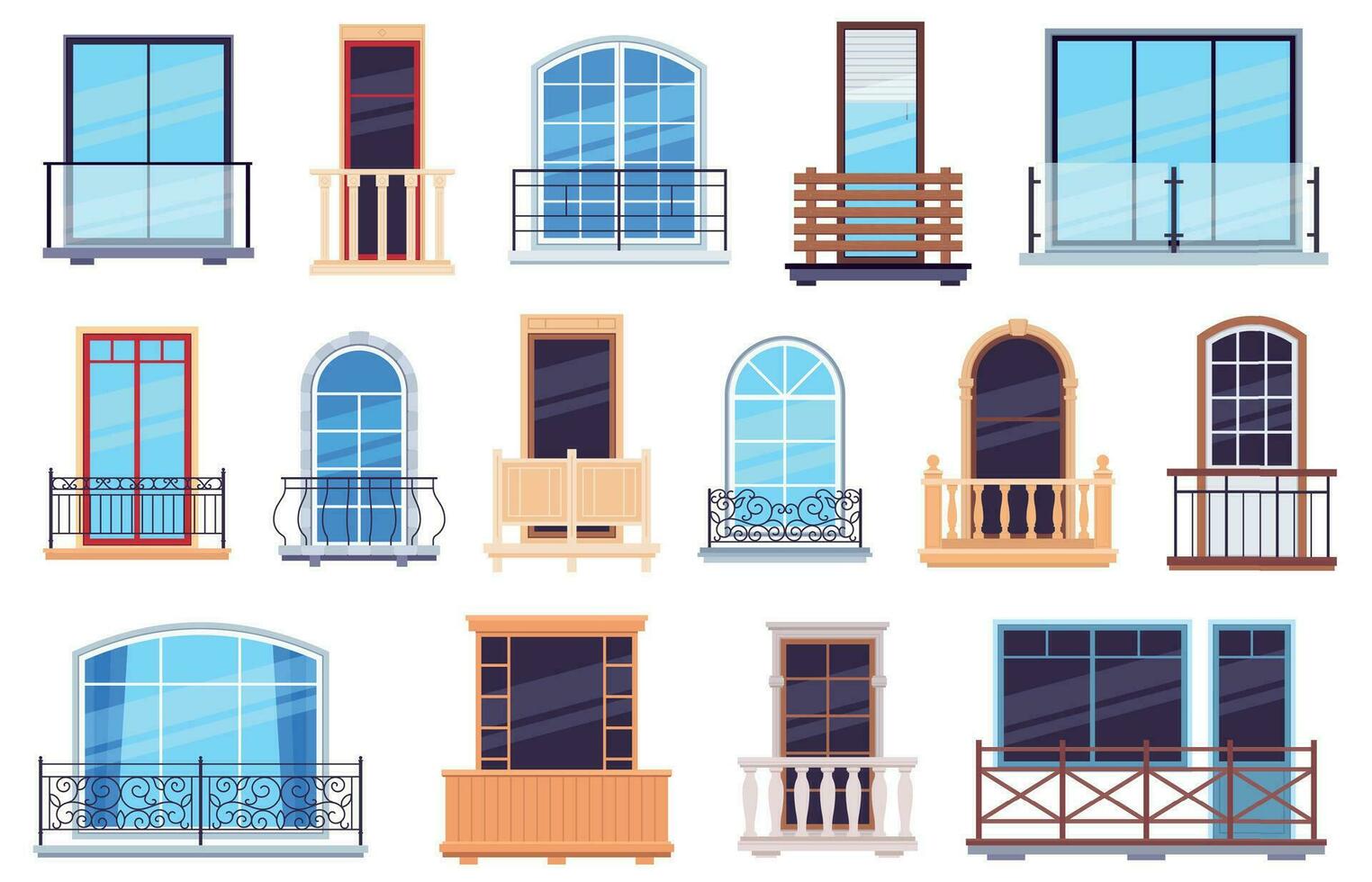 fönster och balkonger. arkitektur hus Fasad element med modern och klassisk balkong dörrar, hölje ramar och räcken vektor uppsättning