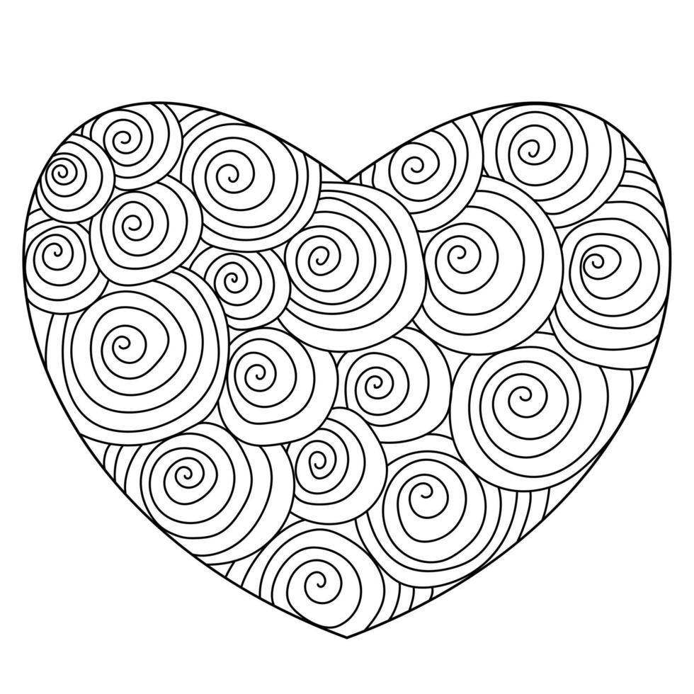 konturhjärta med utsmyckade spiralmönster som färgar alla hjärtans dagssida vektor