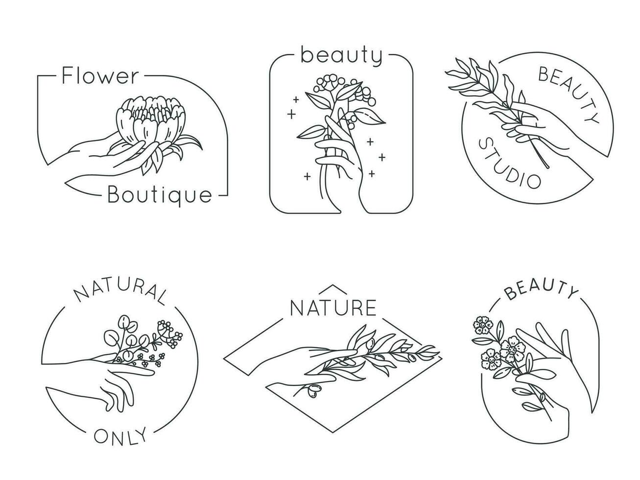 Linie Hand und Blume Logos. Blumen- Schönheit Salon, Spa und Kosmetika Logo mit Frau Hände. Embleme zum natürlich handgemacht Produkte, Vektor einstellen