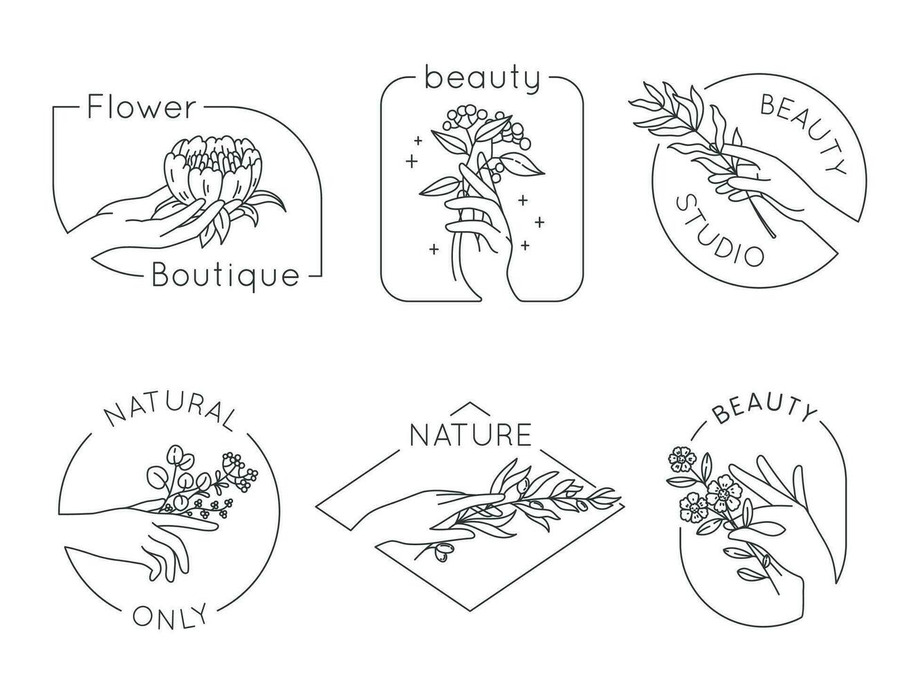 linje hand och blomma logotyper. blommig skönhet salong, spa och kosmetika logotyp med kvinna händer. emblem för naturlig handgjort Produkter, vektor uppsättning