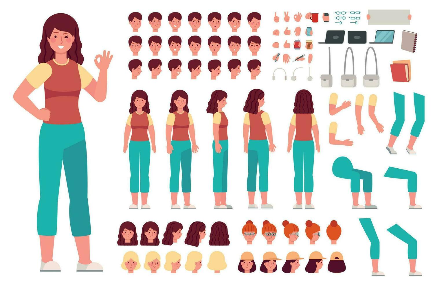 tecknad serie kvinna karaktär utrustning. kvinna tillfällig kläder animering kropp delar. flicka konstruktör med hand gester och olika huvuden vektor uppsättning