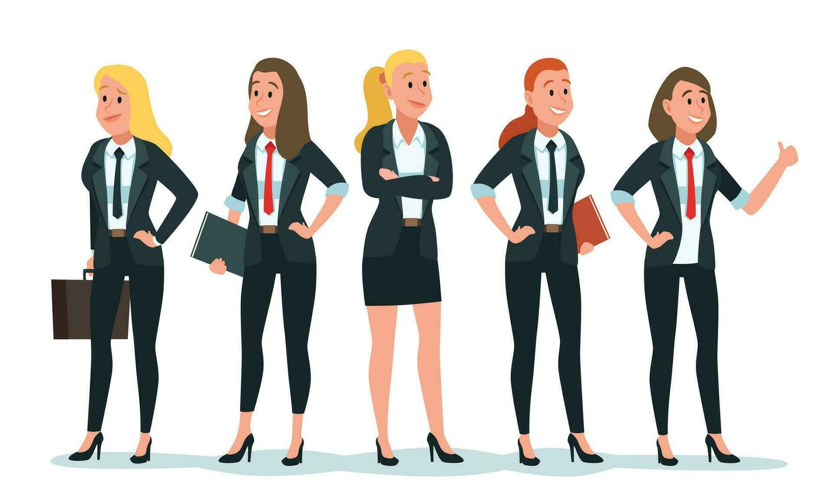 affärskvinna team. kvinna kontor arbetare eller kollegor grupp i formell Kläder med anteckningsbok och portfölj vektor