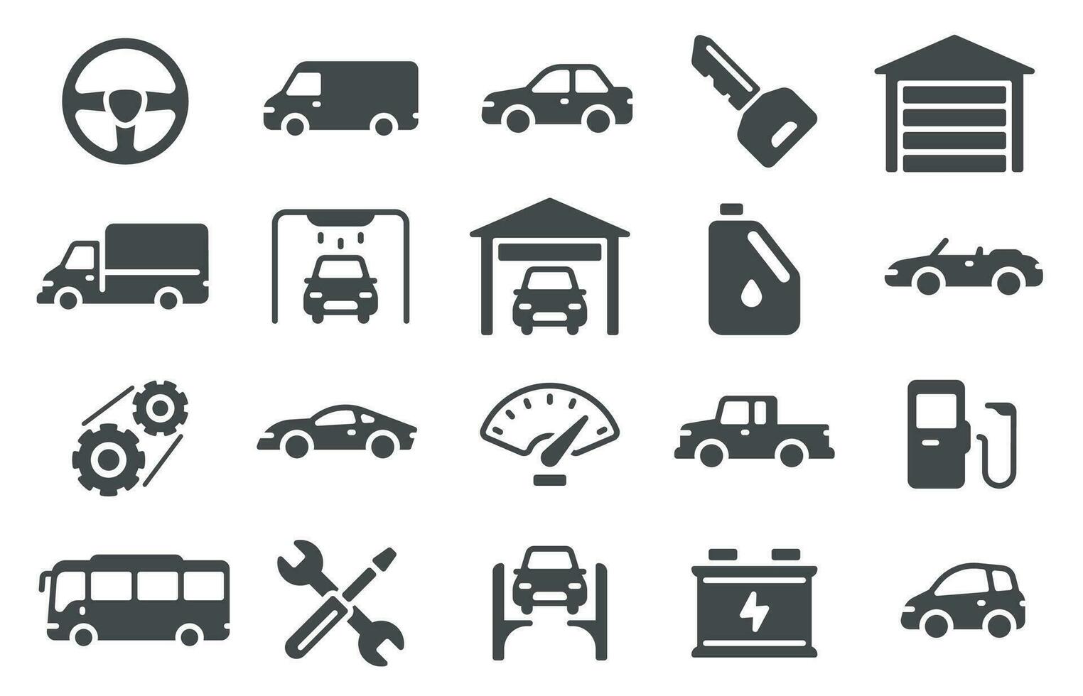 Auto Symbole. Fahrzeug Silhouetten und Wartung Symbole. schonen Teile, Auto Reparatur und Auto waschen Design zum Netz, Handy, Mobiltelefon und ui Zeichen Vektor einstellen