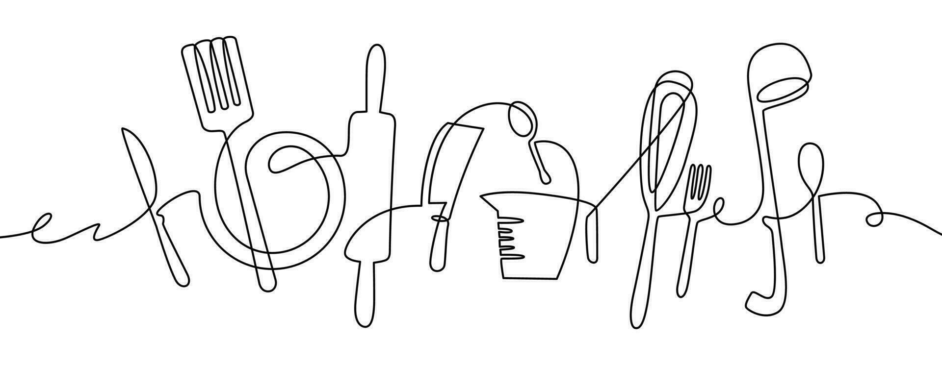 Küche Werkzeug. kontinuierlich einer Linie Zeichnung Küche Utensilien, Kochen Werkzeug Illustration, schwarz und Weiß Gliederung Besteck skizzieren Vektor Design