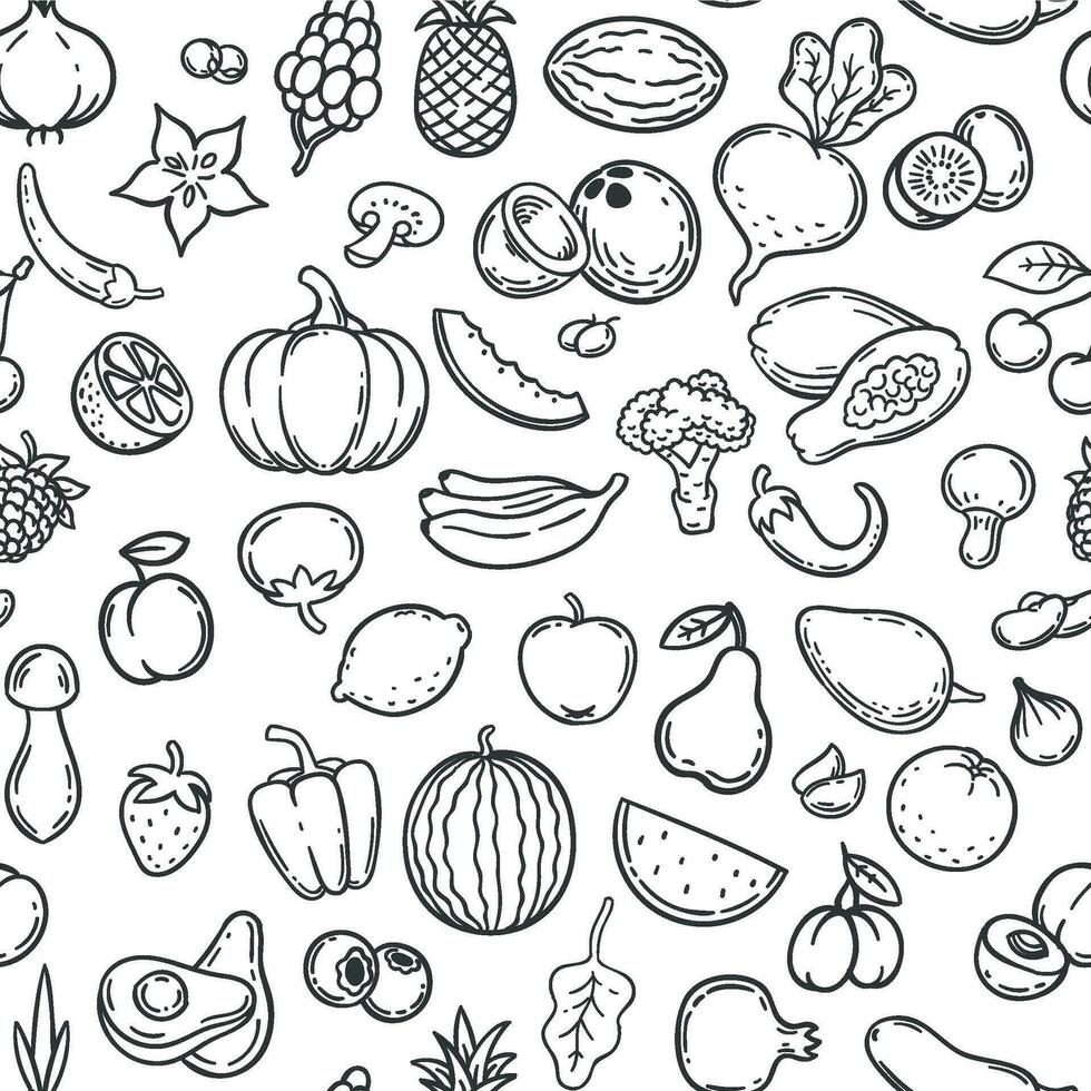 grönsaker och frukter. hand dragen kontur frukt och vegetabiliska ikoner, vegan livsstil, friska organisk mat, klotter vektor sömlös mönster