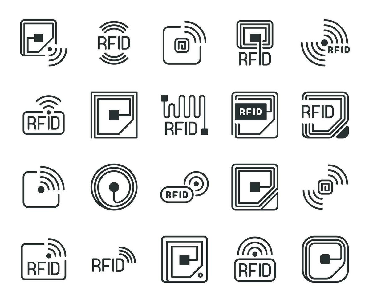 rfid Symbole. Radiofrequenz Identifizierung Etikett, Schild, Chip und Antenne Linie Logo. kabellos System zum Verfolgung und Kontrolle, Vektor Symbole