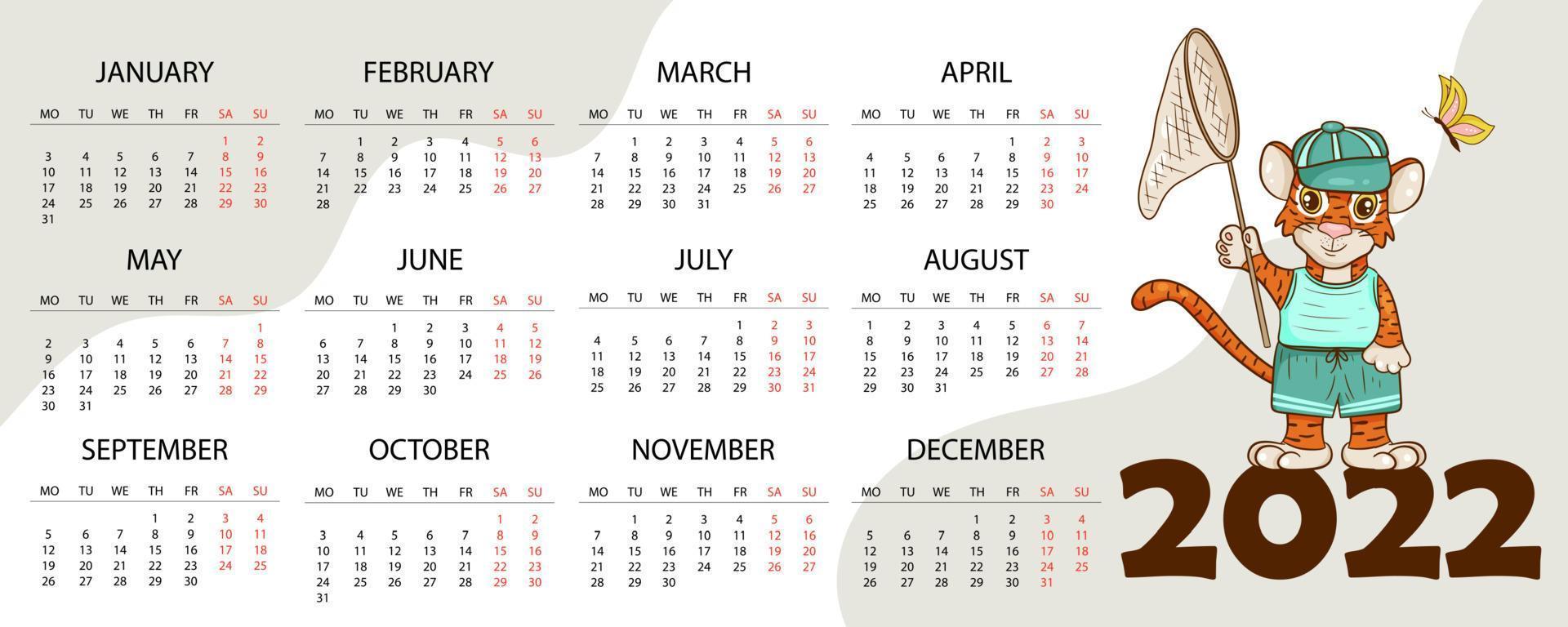 Kalenderentwurfsvorlage für 2022, das Jahr des Tigers nach dem chinesischen oder östlichen Kalender, mit einer Abbildung des Tigers. horizontale Tabelle mit Kalender für 2022. Vektor