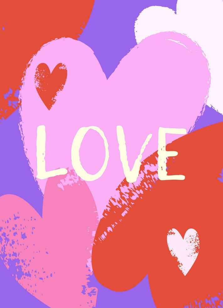 modern abstrakt konst design med grunge texturerad hjärtan och typografi. valentines dag begrepp. mall för kort, affisch, inbjudan, firande, omslag, försäljning vektor