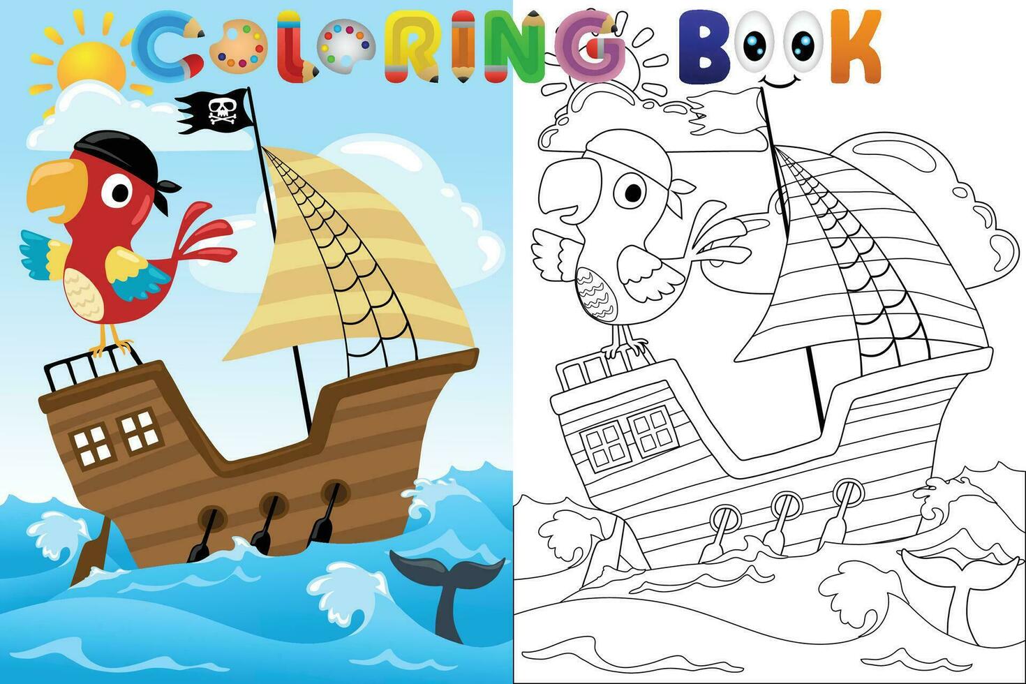 Vektor Färbung Buch mit Papagei auf Segelboot