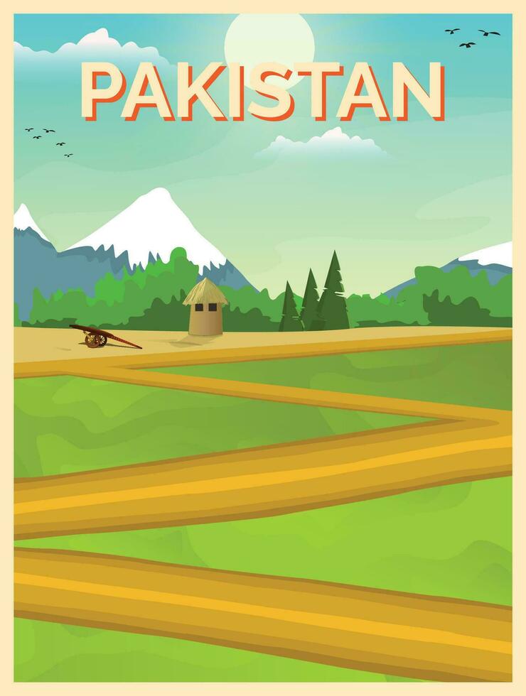 Vektor Illustration von Landschaft Pakistan Dorf Karikatur Hintergrund Poster, Karte, Vorlage von Grün Wiesen und umgeben durch Bäume und Berge