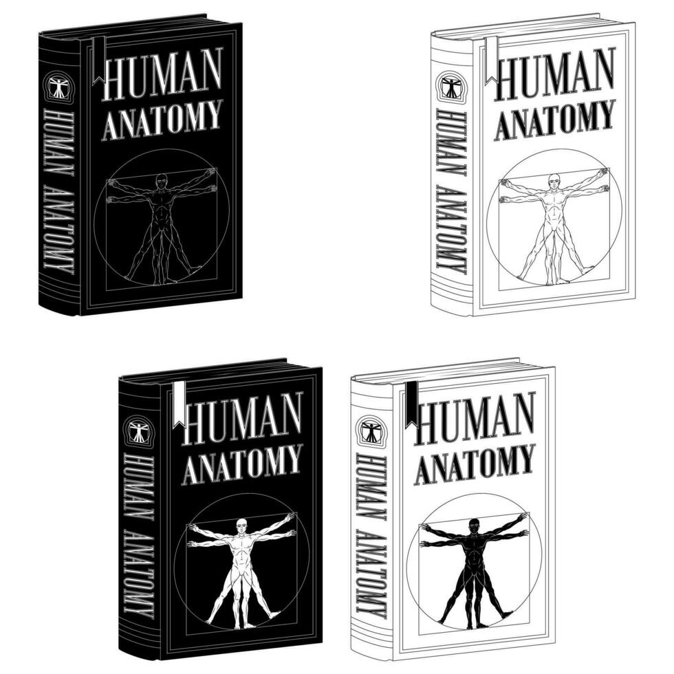 vektor design mänsklig anatomi högskola bok, bok med vitruvian man på de omslag