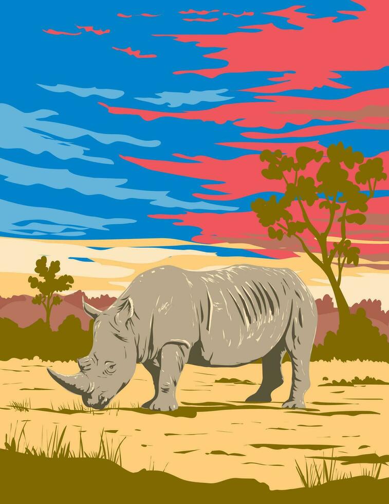 vit noshörning i kruger nationell parkera söder afrika konst deco wpa affisch konst vektor