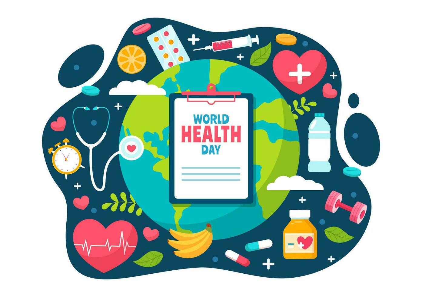 värld hälsa dag vektor illustration på april 7:e med jord och medicinsk Utrustning för de betydelse av friska och livsstil i tecknad serie bakgrund