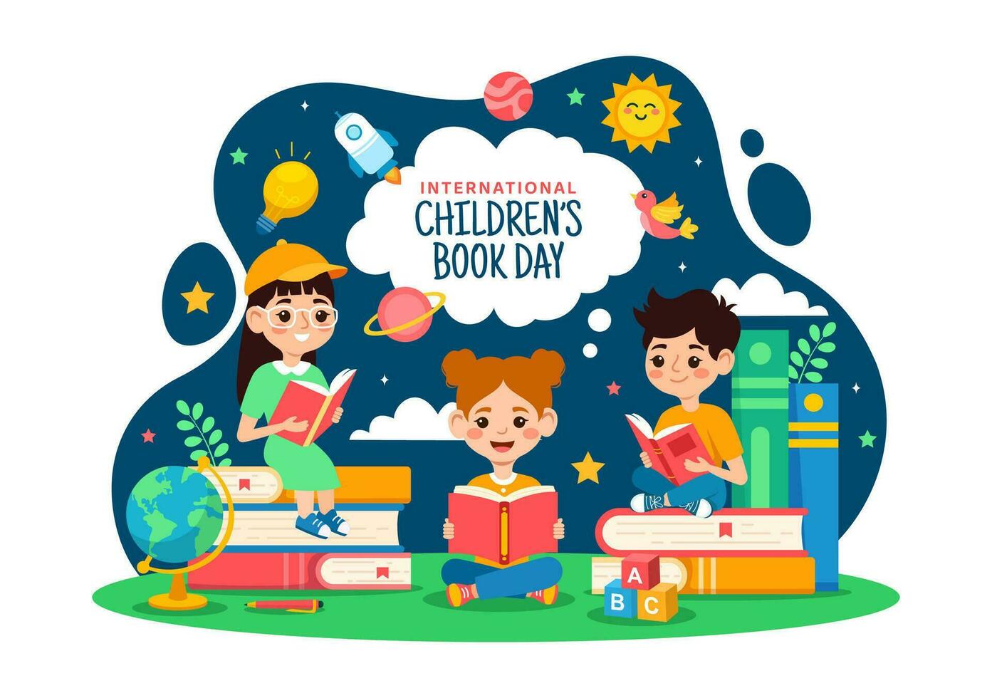internationell barns bok dag vektor illustration på 2 april med barn läsning en böcker och klot Karta i platt tecknad serie bakgrund design