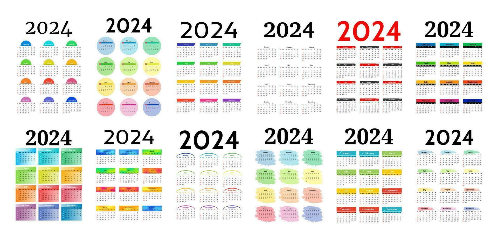 stor uppsättning av kalendrar för 2024 isolerat på en vit bakgrund. söndag till måndag, företag mall. vektor illustration