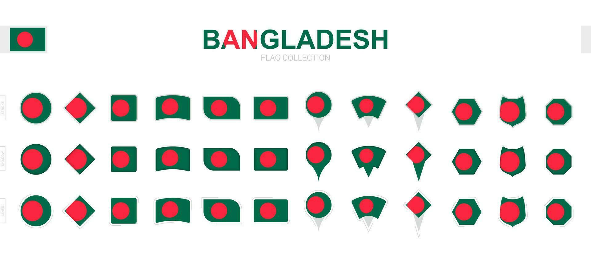 stor samling av bangladesh flaggor av olika former och effekter. vektor