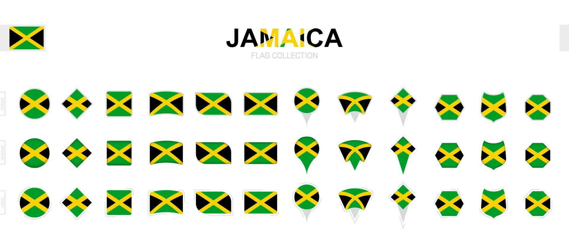stor samling av jamaica flaggor av olika former och effekter. vektor