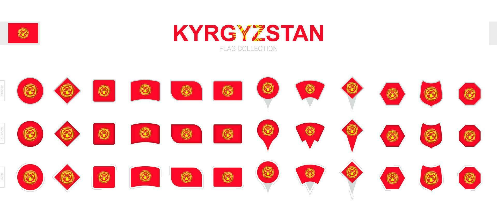 stor samling av kyrgyzstan flaggor av olika former och effekter. vektor