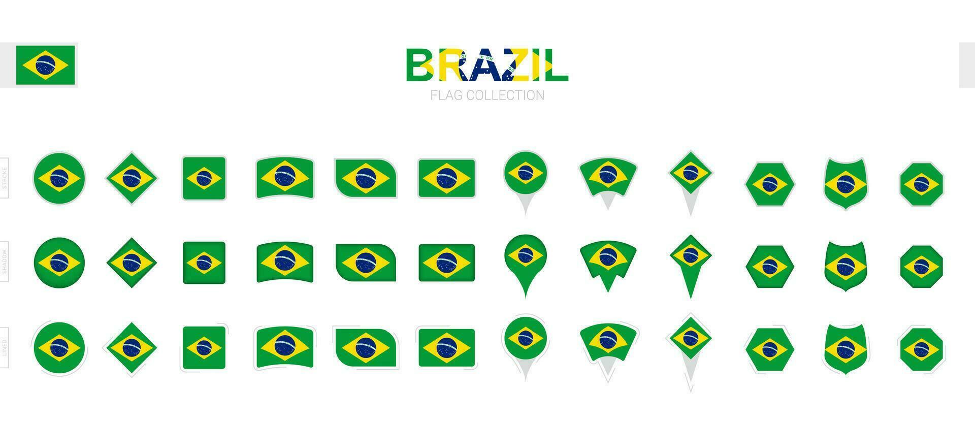 stor samling av Brasilien flaggor av olika former och effekter. vektor