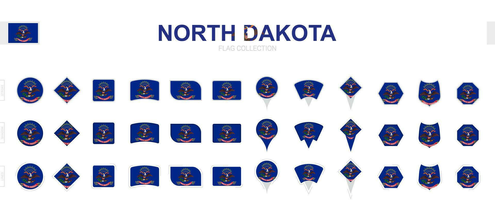 stor samling av norr dakota flaggor av olika former och effekter. vektor