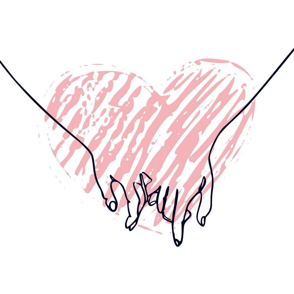 kontinuierlich Linie Zeichnung Vektor Illustration von ein zwei Hände im einer Herz. Vektor Illustration. Hintergrund, Flyer, Einladung, Poster, Broschüre, Banner. Valentinstag.
