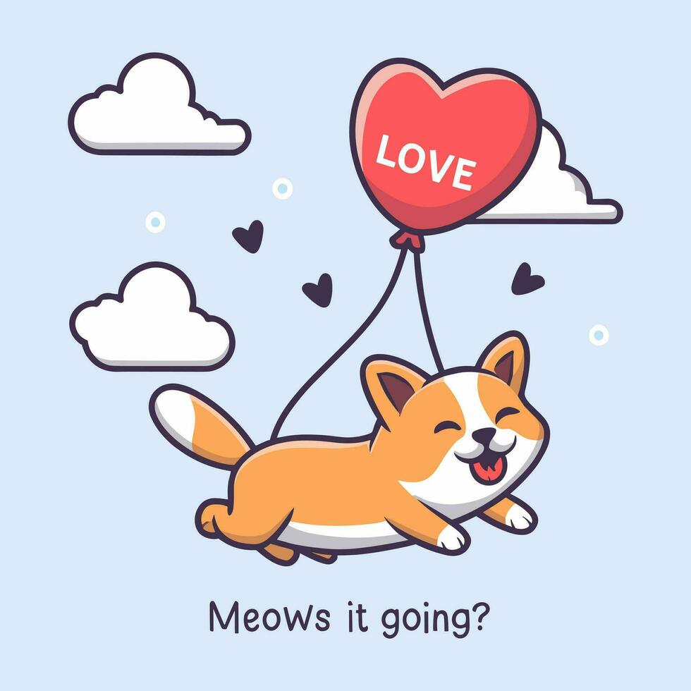 süß Corgi Hund fliegend mit Liebe Ballon Karikatur Vektor Symbol Illustration