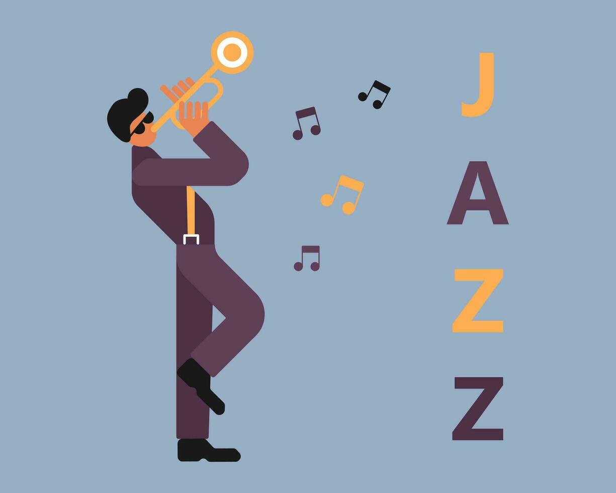 Jazz Poster, Musiker mit Trompete. Musik- Banner, Einladung, Flyer. eben Stil, Vektor