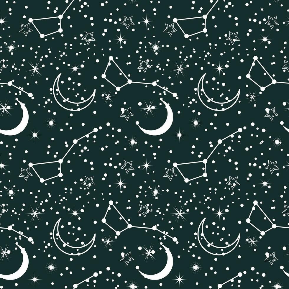 nahtlos Muster, Mond, Konstellationen, Sterne und Streuung von Sterne auf ein Hintergrund von das Nacht Himmel. Hintergrund, Textil, Vektor