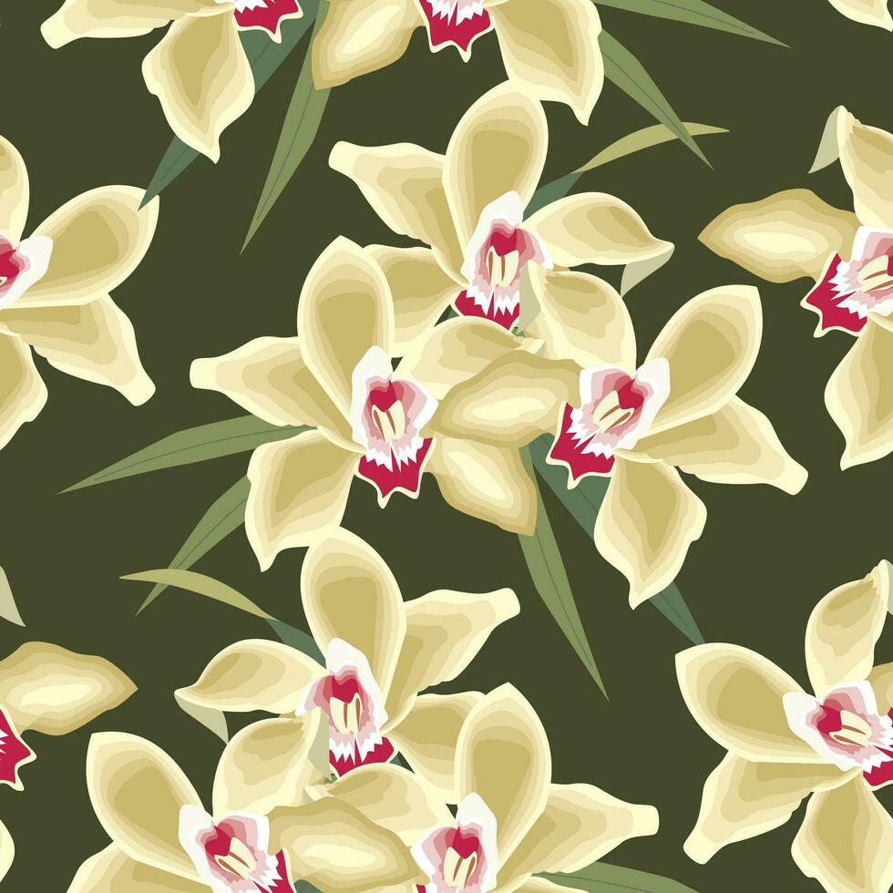 sömlös mönster, elegant blommor av påskliljor på en mörk bakgrund. bakgrund, textil, vektor