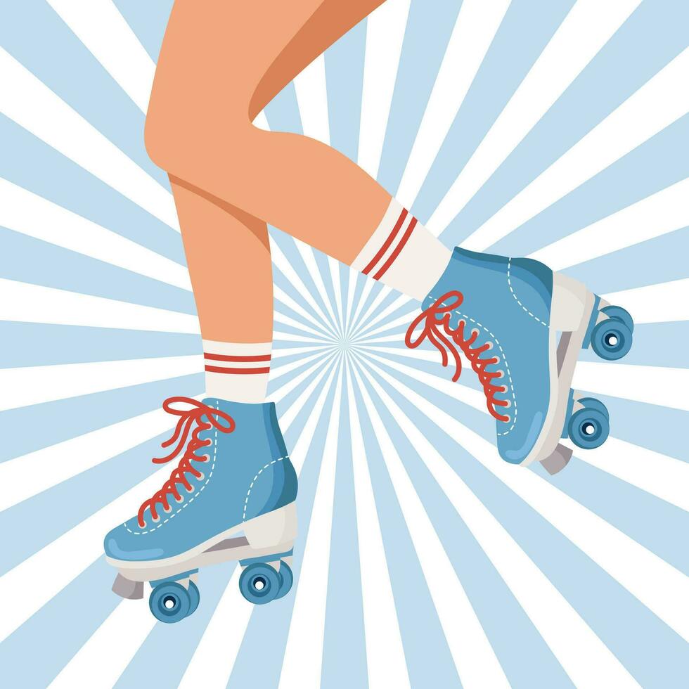 Beine von ein Mädchen im retro Walze Rollschuhe und Socken. Frau auf Walze Rollschuhe. retro Illustration im eben Stil. Vektor