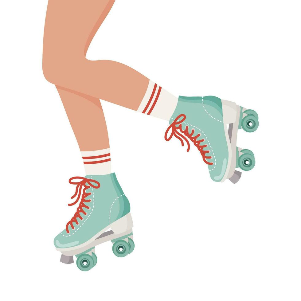 Beine von ein Mädchen im retro Walze Rollschuhe und Socken. Walze Skaten Frau. retro Illustration im eben Stil. Vektor