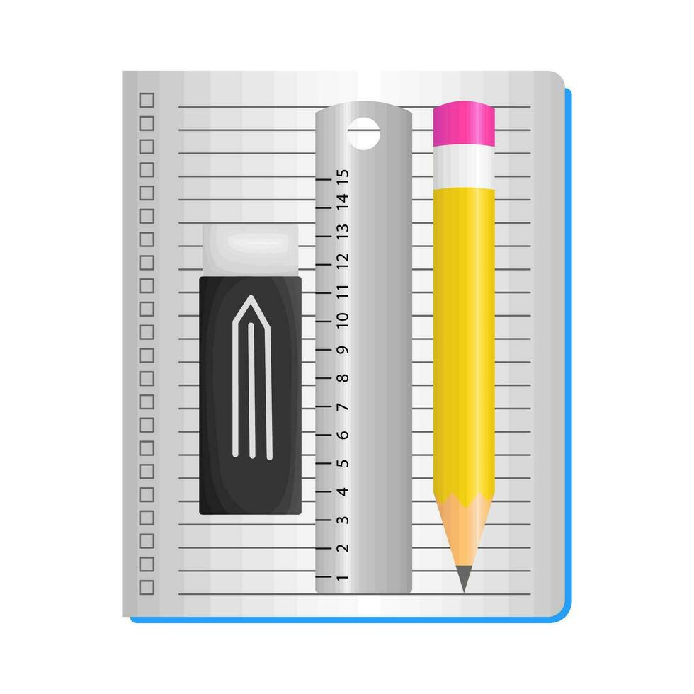 linjal, penna med suddgummi i bok illustration vektor