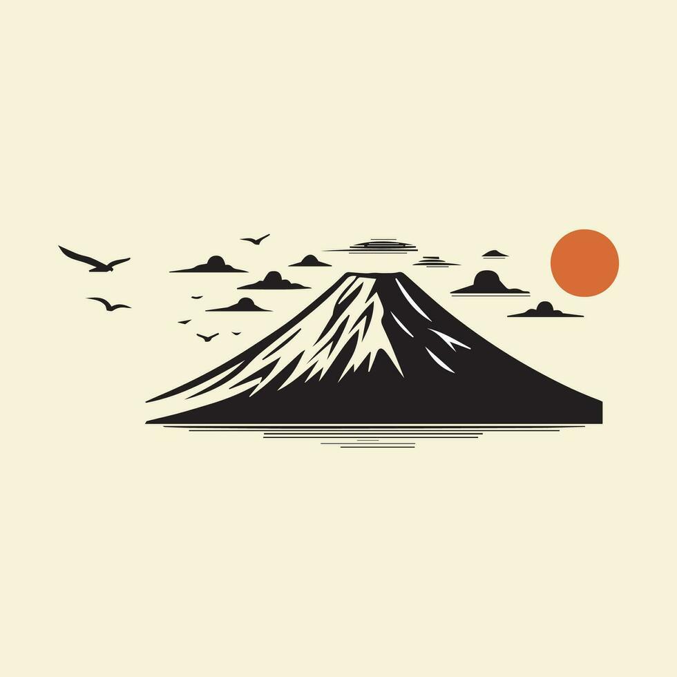 mt. Fuji, Sonnenaufgang und Möwen. Vektor Illustration.