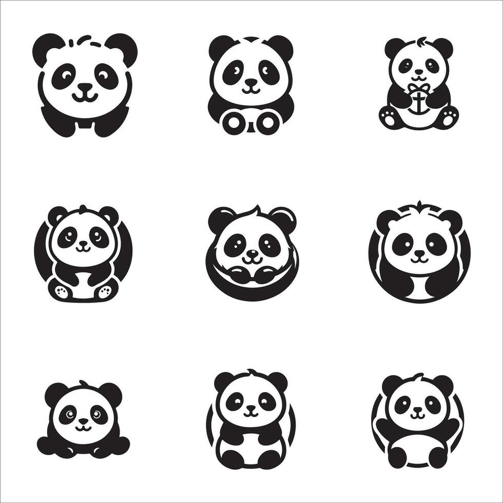 einstellen von süß Panda Symbole im schwarz und Weiß. Vektor Illustration.
