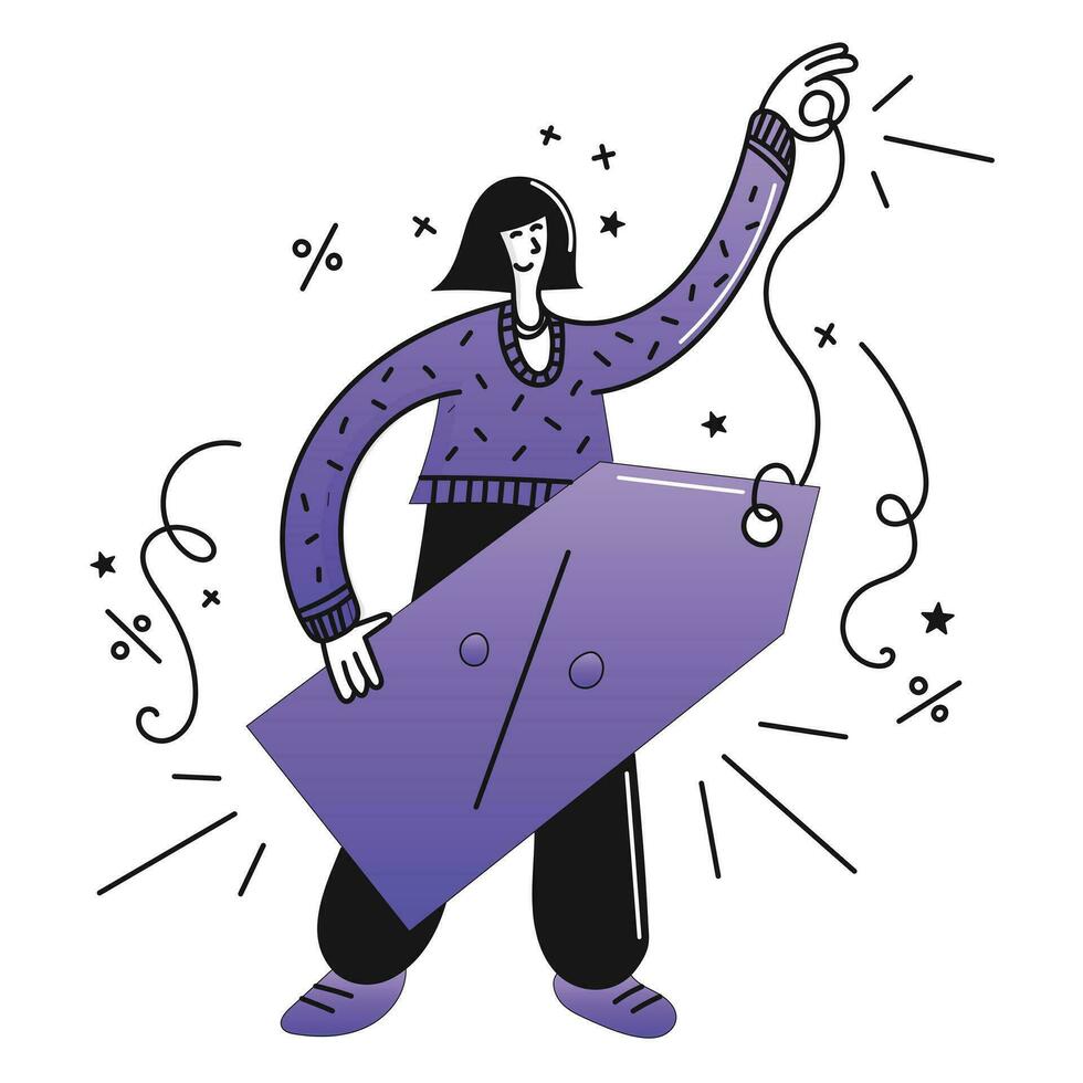 Vektor Illustration von ein Mädchen im ein lila Sweatshirt mit ein groß Rabatt.