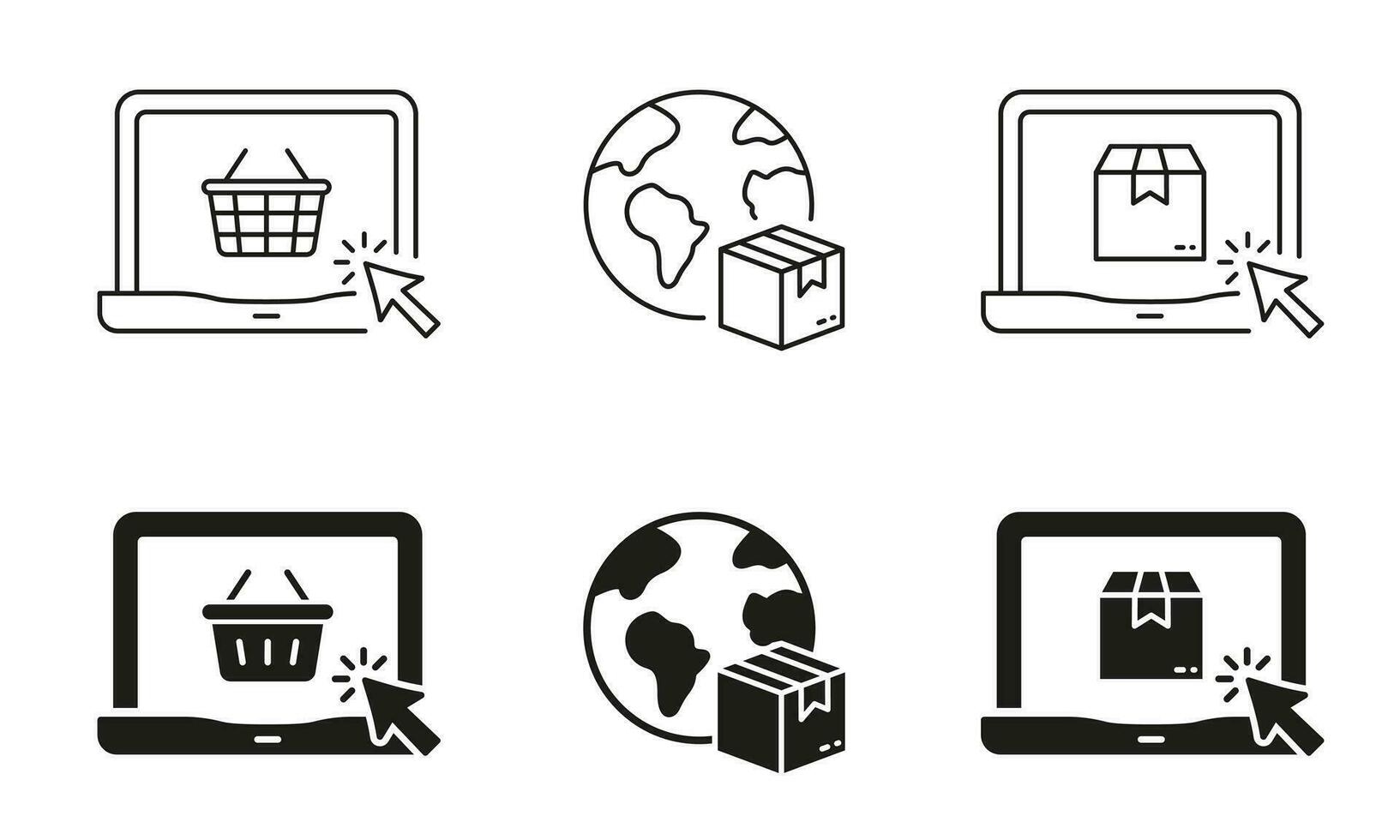 E-Commerce Linie und Silhouette Symbol Satz. E-Business Symbol Sammlung. online Einkaufen Piktogramm. global Lieferung unterzeichnen. Internet Verkauf speichern. isoliert Vektor Illustration.