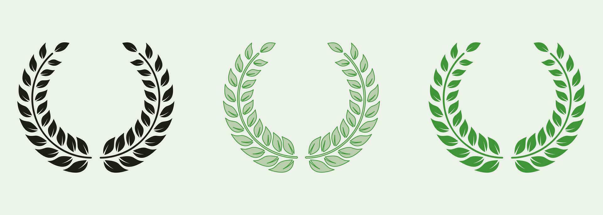cirkel grekisk oliv gren, grön blad symbol samling. laurel krans Färg ikon uppsättning. foliate årgång runda seger emblem. vinnare tilldela piktogram. isolerat vektor illustration.