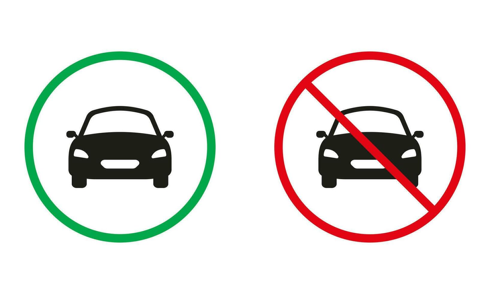 Auto Parkplatz Warnung Straße unterzeichnen. Fahrzeug Eintrag Silhouette Symbole Satz. Parkplatz erlaubt Zone. Transport verboten Symbol. isoliert Vektor Illustration.