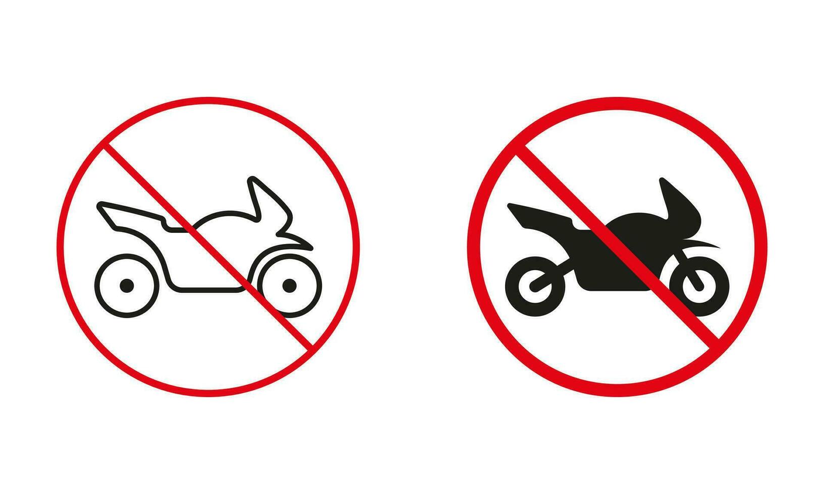 nicht Motorrad unterzeichnen. beschränkt Motorrad Parkplatz Zone. Fahrrad oder verbunden Fahrzeuge können nicht bestehen Kreis Symbol Satz. Beachtung verbieten der Verkehr rot unterzeichnen. isoliert Vektor Illustration.
